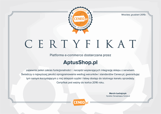 Certyfikat jakości Ceneo dla oprogramowania AptusShop