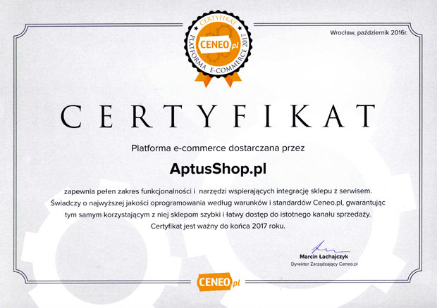 Certyfikat jakości Ceneo dla oprogramowania AptusShop