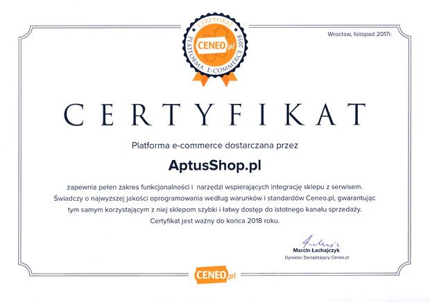 Certyfikat jakości Ceneo dla oprogramowania AptusShop