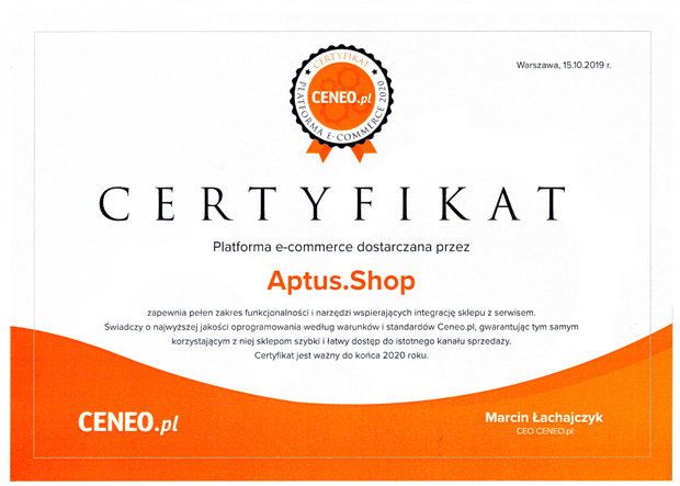 Certyfikat jakości Ceneo dla oprogramowania AptusShop